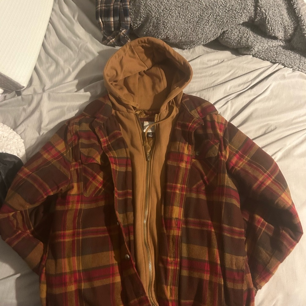 Brown and Red Lightweight Plaid Shirt Jacket with Hood